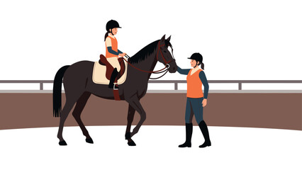 Fototapeta premium equestrian training scene with horse rider and instructor in flat style