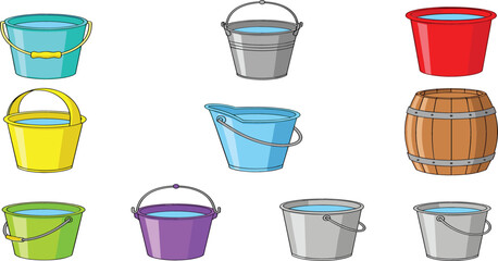 Fototapeta premium Colorful Water Buckets and Wooden Barrel Collection Plastic and Metal Pails Vector Illustration Set Isolated on White Background