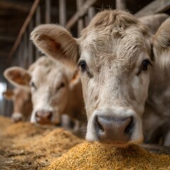 Close up of three cows standing behind a trough eating feed in an indoor barn with wooden beams in the background at a farm setting.
