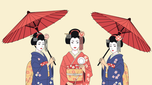 three traditional Japanese geisha in colorful kimonos holding red umbrellas hand drawn illustration
