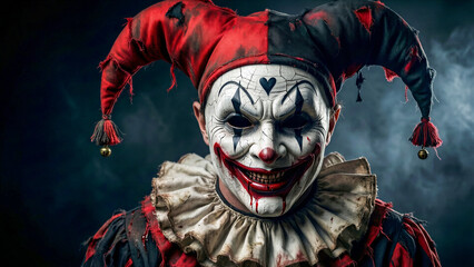 Creepy sinister clown portrait with dramatic lighting and cracked face for halloween concept