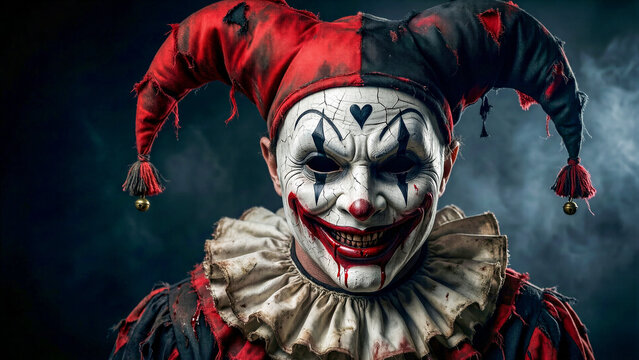 Creepy sinister clown portrait with dramatic lighting and cracked face for halloween concept