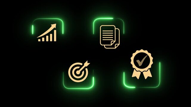 Business professional presenting glowing quality certification badge . Concept of compliance standards and performance assurance in corporate environment. 4k video animation.