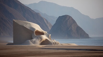 ユニークな建築デザインによる、砂漠の怒った頭蓋骨の砂の彫刻。
