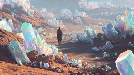 パステル調の砂漠に浮かぶホログラフィックな人々のシュールな SF シーン。
