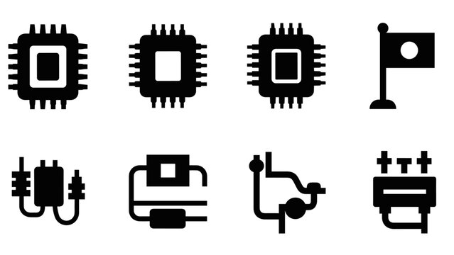 set of black silhouette circuit board chips and electronic icon pack in minimalist style
