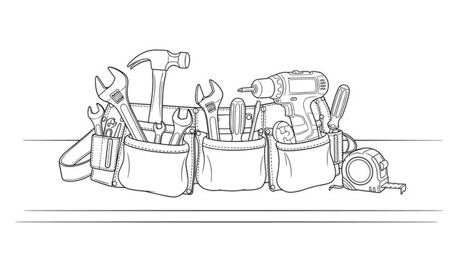 hand drawn sketch of a tool belt with wrench hammer screwdriver drill and tape measure in line art style