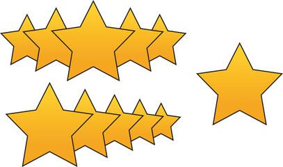 Fototapeta premium A set of numerous golden stars arranged in two rows and as a single element, ideal for indicating customer ratings, quality feedback, achievement, or prize awards in vector format.