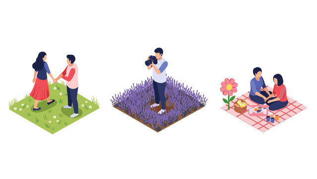 isometric couple engagement photography and picnic scenes in nature with hand drawn style