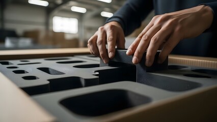 Fototapeta premium Hands placing object in mold closeup.