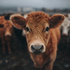 A curious light brown calf stares inquisitively at the camera with a soft, misty background of other cattle and a rural pasture landscape.