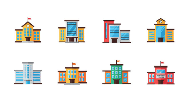 set of colorful hand drawn school buildings and learning centers illustration collection
