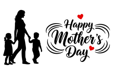 Happy mothers day calligraphy with mom and kids silhouette