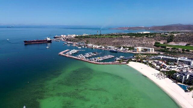 Aerial view of the industrial oil port and marina in La Paz, BCS