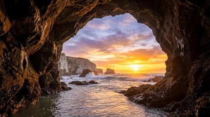 Dramatic Sunset View from a Coastal Cave: A Seascape Wonder.