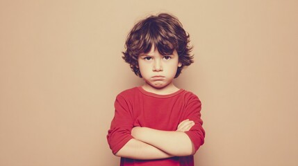 Child frowning and crossing arms after being scolded indoor portrait emotional close-up discontentment