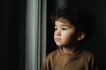 Child gazing out window with expressionless face indoor scene emotional portrait dark environment side view reflection on innocence