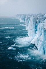 Melting glacier edge crumbling into ocean arctic region aerial view nature's climate change effects