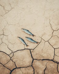 Dried up riverbed with cracked earth and dead fish nature photography aerial view environmental impact