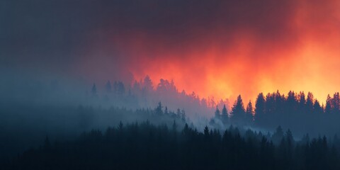 Forest fire blazing through landscape smoky atmosphere dramatic sunset nature photography