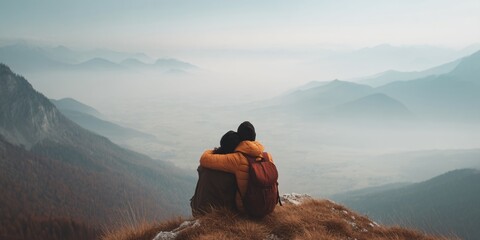 Couple embracing on a mountaintop stunning panoramic view adventure landscape serene environment romantic concept