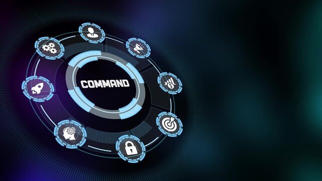 Centralized strategic command interface for a future system, featuring text "COMMAND" and leadership icons.