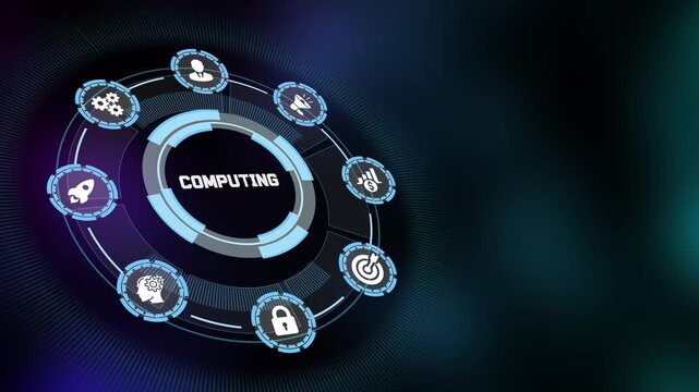 High-tech computing environment interface with central text "COMPUTING" and distributed data and power icons.