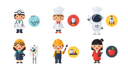 Fototapeta premium Diverse cartoon characters depicting professions and icons isolated on white