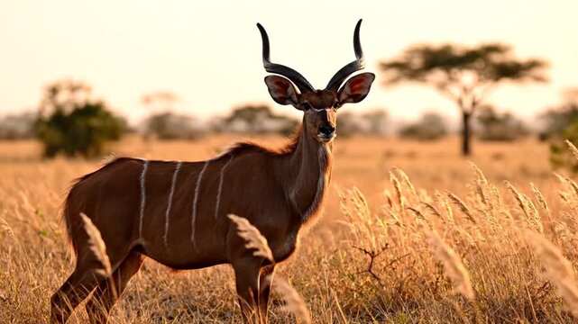 Majestic kudu antelope standing in dry grass savanna during golden hour safari, slow motion wildlife footage, African wilderness landscape, close-up of elegant horns and striped coat