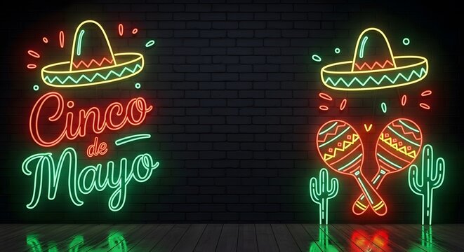 Cinco de mayo neon sign with sombrero and maracas on dark background celebration design