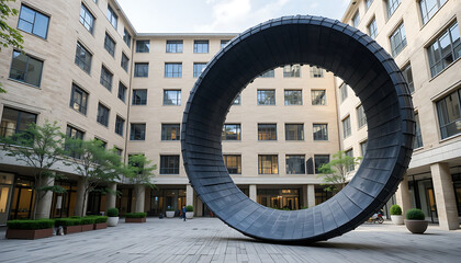 Modern office building with large metal sculpture in courtyard