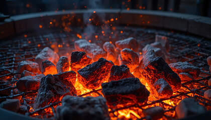 Glowing charcoal briquettes on a grill with vibrant orange flames