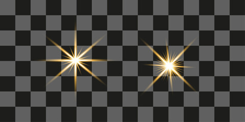Gold glowing star on transparent backdrop. Magical explosion with star dust. Christmas light effect with magic particles. © Tania