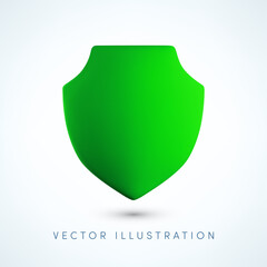 Vector Realistic 3d green shield icon. Cartoon 3d render of protection and security sign, guarantee symbol, defense concept, eco safety.