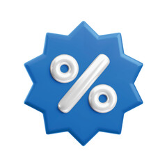 Vector cartoon 3d Sale badge. Blue label starburst with percent sign. Realistic 3d render online shop sticker. Cute design element for sale banner design, tag, advert, app, discount, special offer.