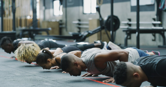 Exercise, push up and row with people in gym together for class, course or training routine. Balance, strong and fitness with athlete group on floor in health club for challenge, wellness or workout
