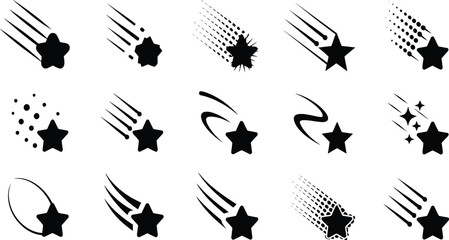 Shooting star icon set with comet tails, falling stars for magic, celestial space and night sky © Billal