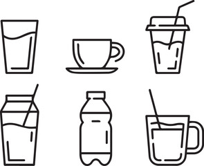 Obraz premium Set of Drinks in Line Art Style, Minimal Beverage Illustrations, Coffee, Juice, Cocktail and Refreshing Drink Outline Collection