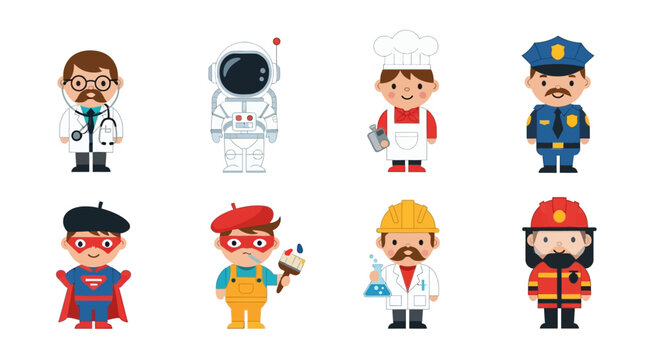 Diverse cartoon professionals doctor astronaut chef police artist and more