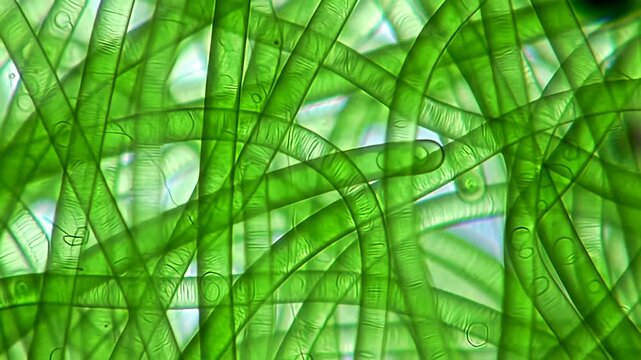 Microscopic view of intertwining green algae filaments with visible cell structure