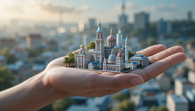 A human hand with a minimalist stylized 3D model of an antic city in the palm. 