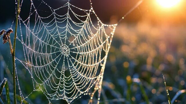 Spiderweb covered in glistening dew drops illuminated by warm morning sunlight in natural outdoor environment