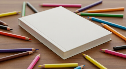 A stack of white paper surrounded by colored pencils on a wooden table