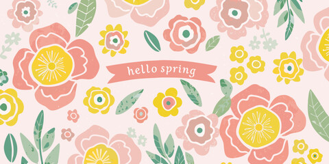 A cheerful floral pattern with a hello spring greeting banner © Tithi