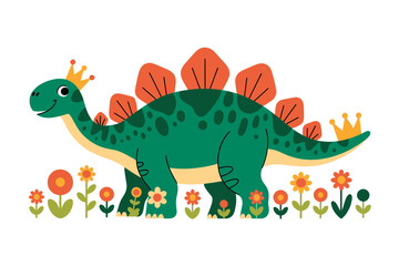Obraz premium A cartoon dinosaur wearing a crown stands among colorful flowers in a whimsical illustration
