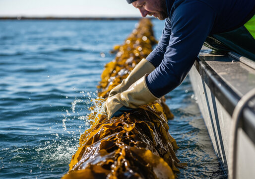 Seaweed farmer harvesting kelp from aquaculture rope in blue ocean