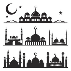 Silhouette of mosque buildings with crescent moon and stars Vector © yeasin