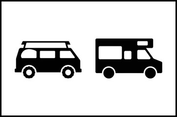 Black and White Minimalist Camper Van and Recreational Vehicle (RV) Vector Icons