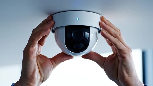 Hands installing dome security camera on ceiling for home or business surveillance system