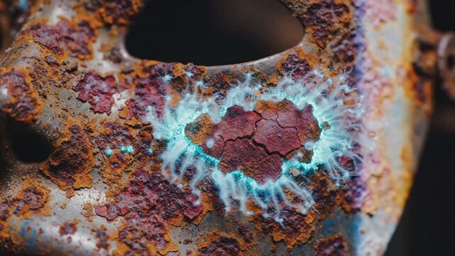 Close-up of rusty metal surface with blue corrosion.